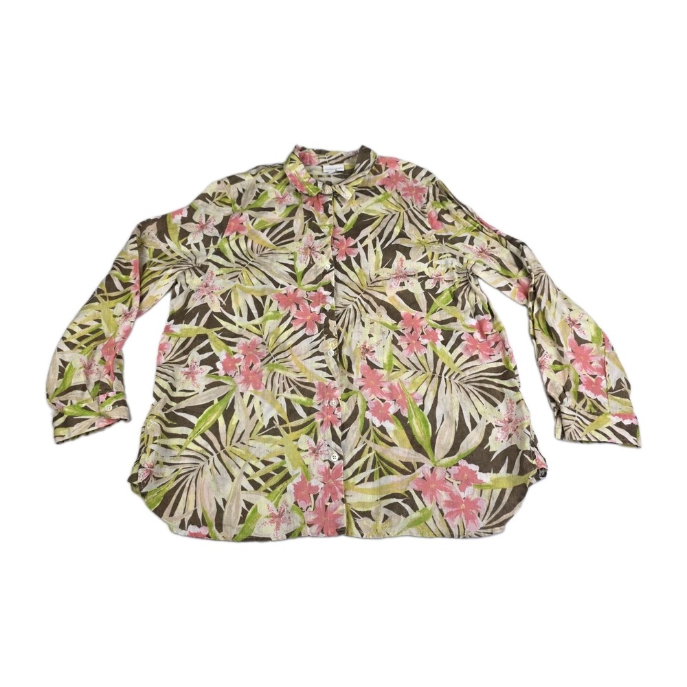 J.Jill Love Linen Top Womens Size Large Long Sleeve Tropical Floral Blouse